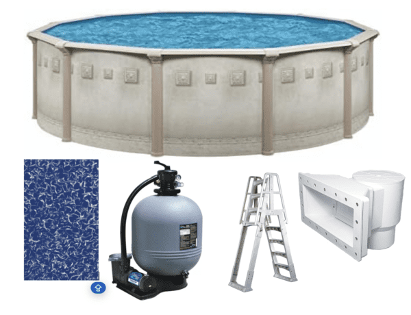 A Brazil 52" above-ground swimming pool package with accessories including a patterned pool liner, filter system, ladder, and a skimmer.